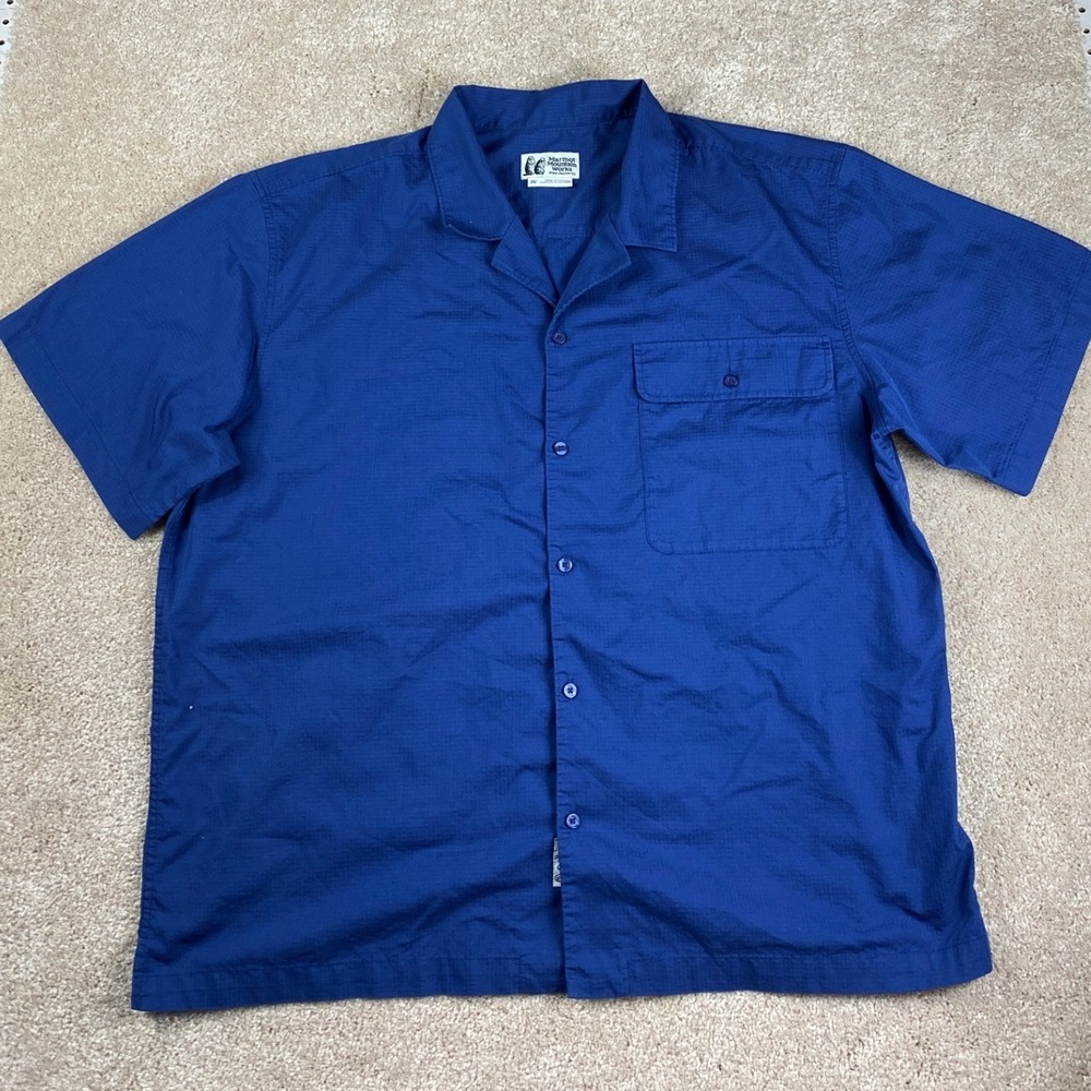 Marmot Mountain Works Mens XXL Blue Ripstop Short‎ Sleeve Button Down Shirt